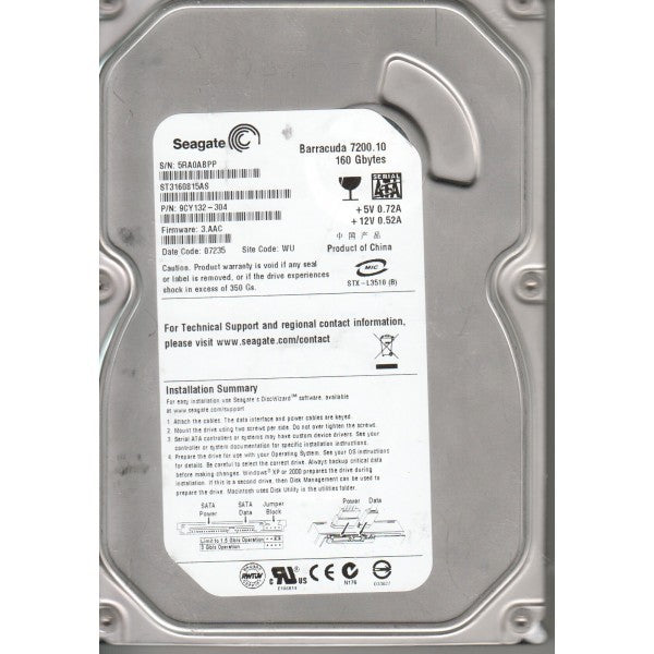 SEAGATE 160GB Serial ATA 7200RPM 3.5IN